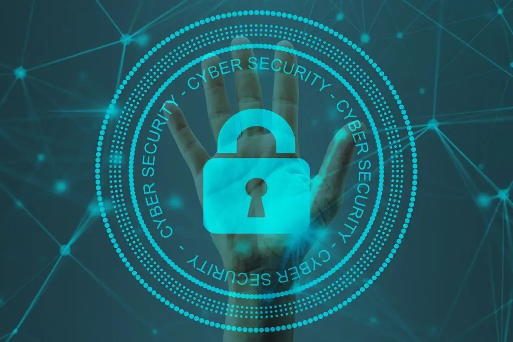 Cybersecurity graphic with digital lock and network connections