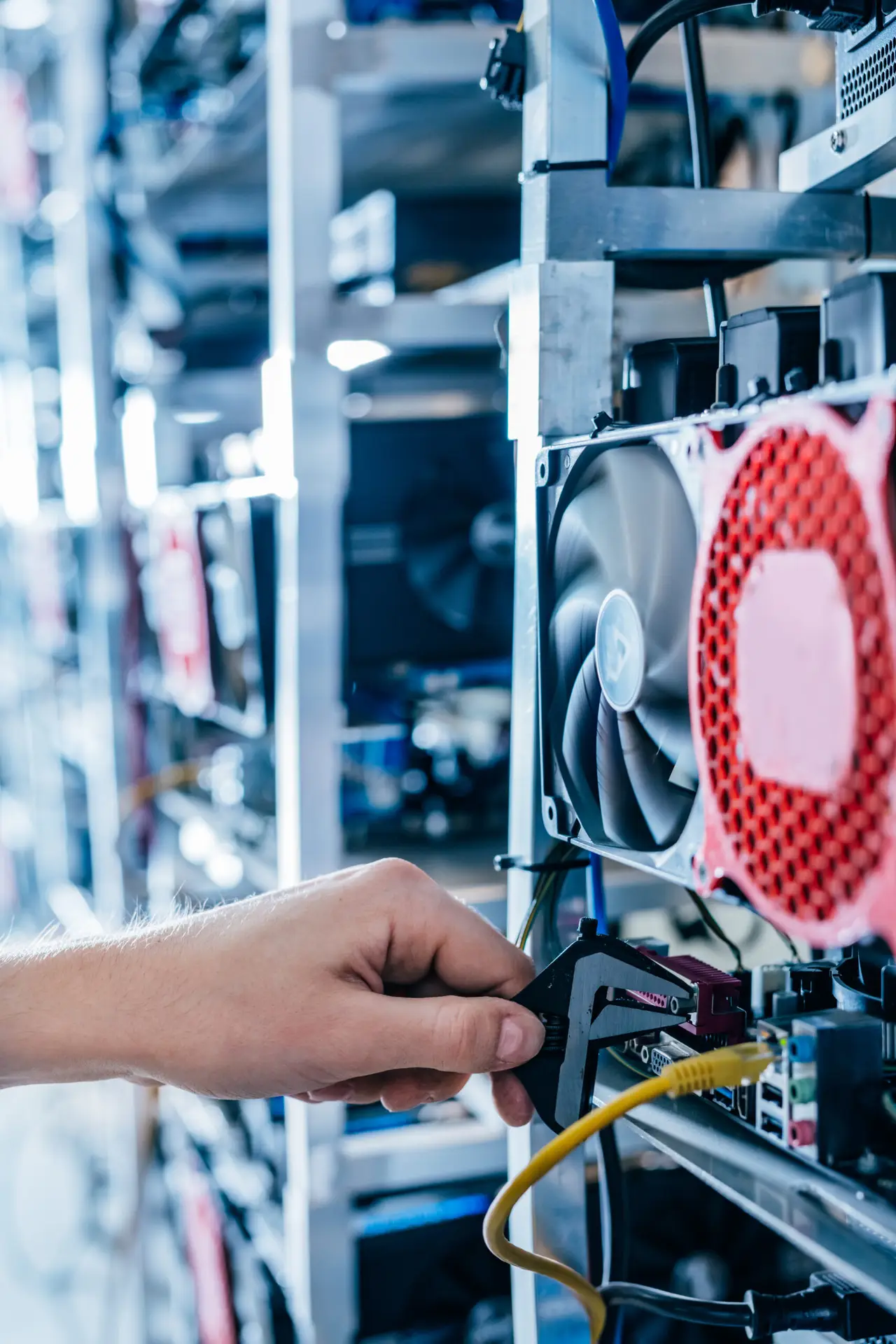 Technician connecting cables to computer hardware