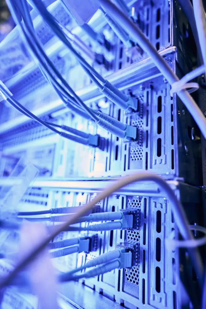 Network cables connected to business server equipment